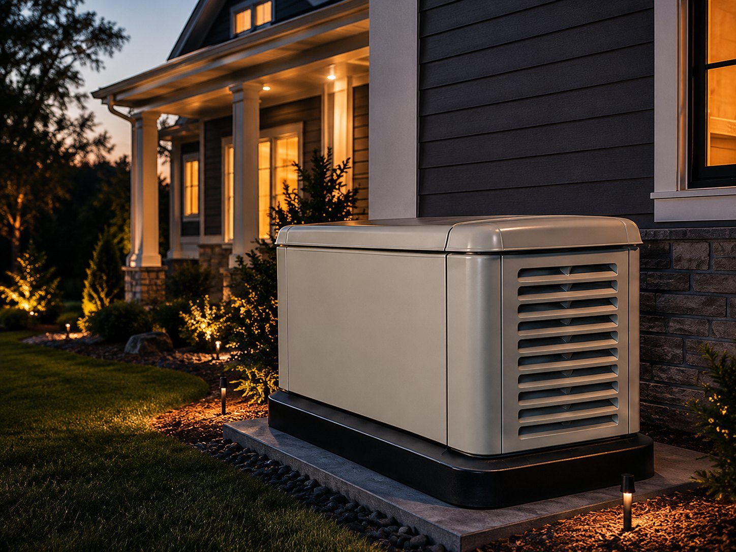 Modern air-cooled standby generator installed beside a Texas Gulf Coast home