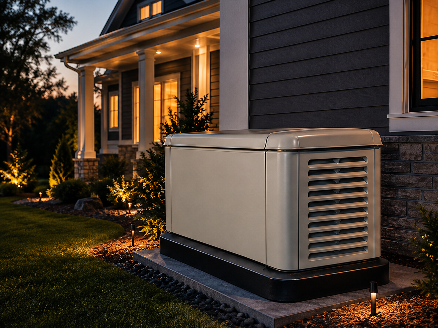 Modern air-cooled standby generator installed beside a Texas home
